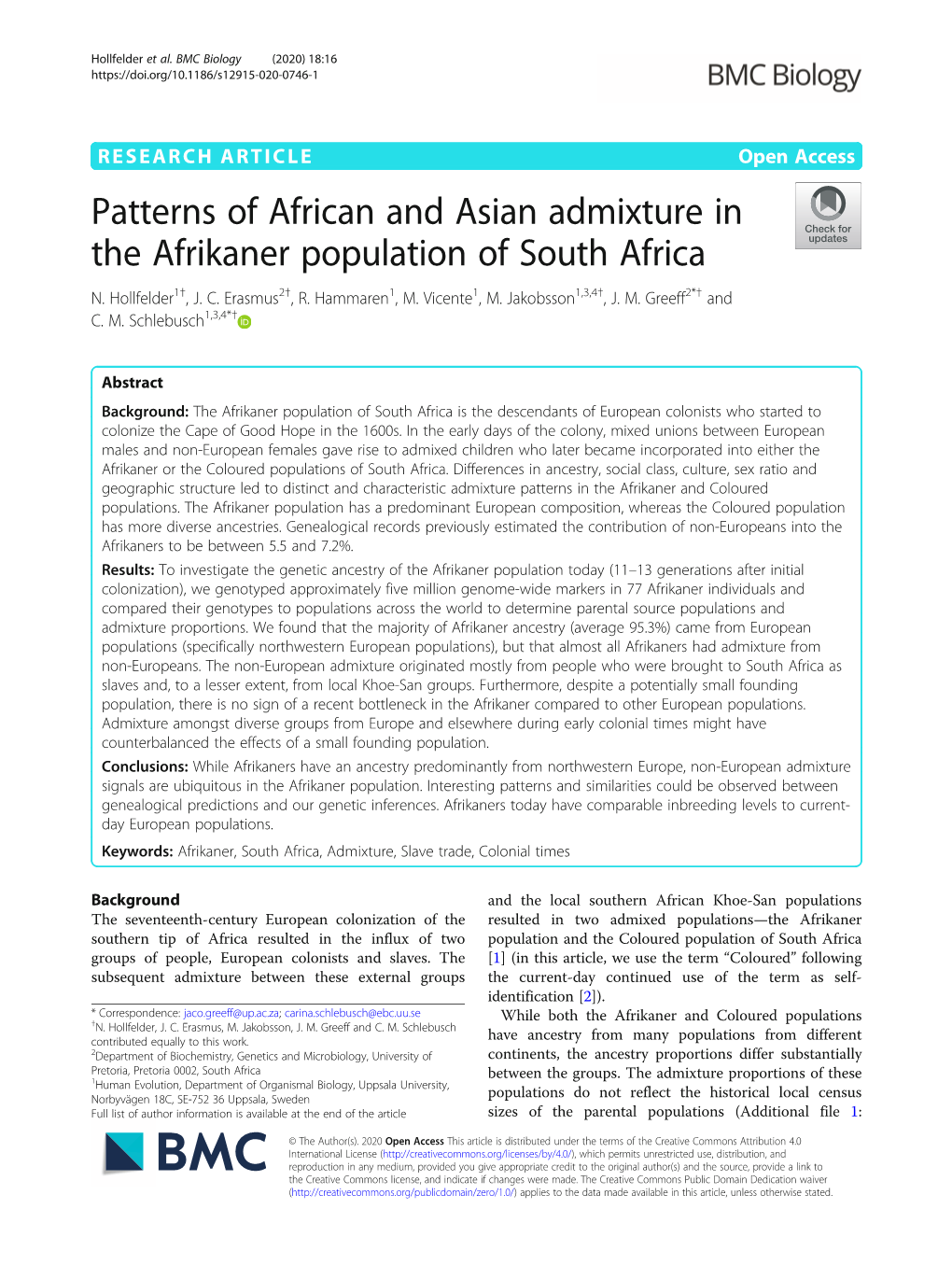 Patterns of African and Asian Admixture in the Afrikaner Population of South Africa N