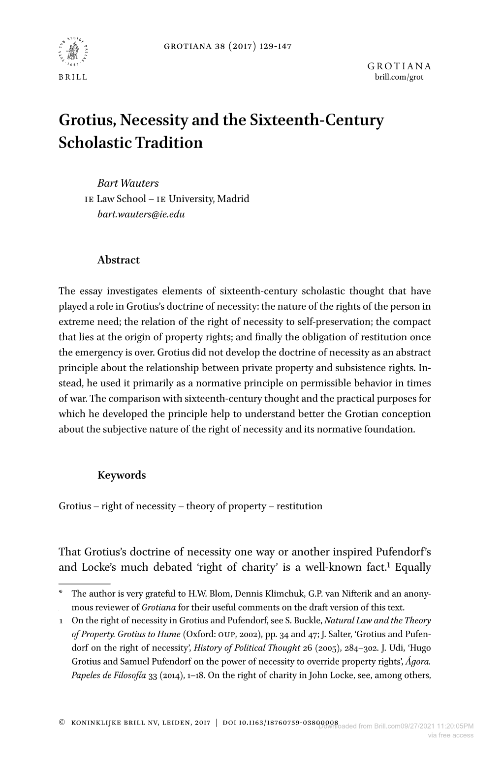 Grotius, Necessity and the Sixteenth-Century Scholastic Tradition