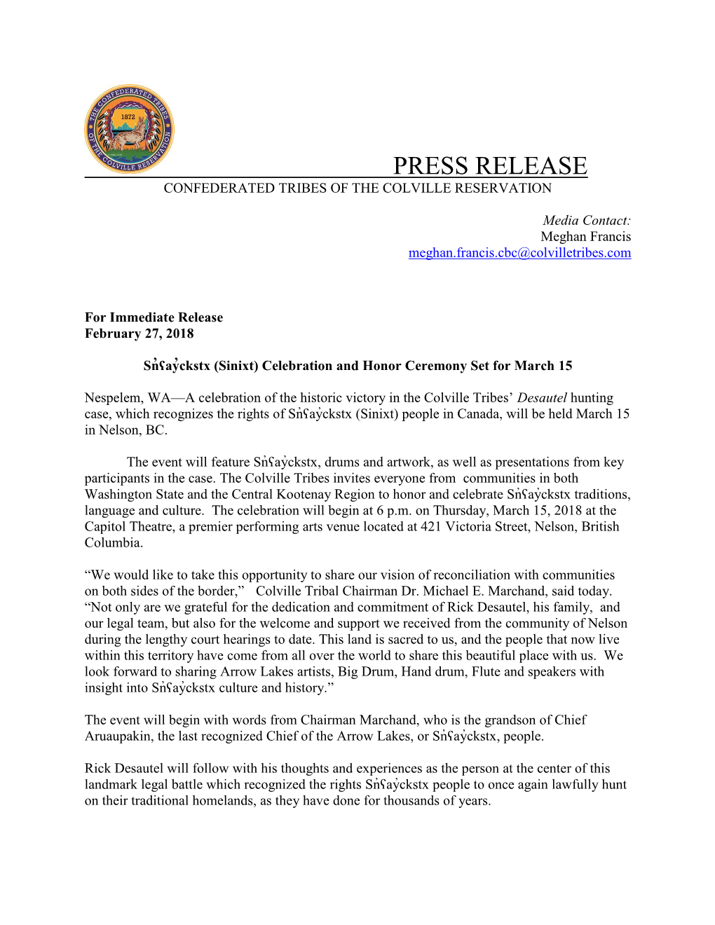 Press Release Confederated Tribes of the Colville Reservation