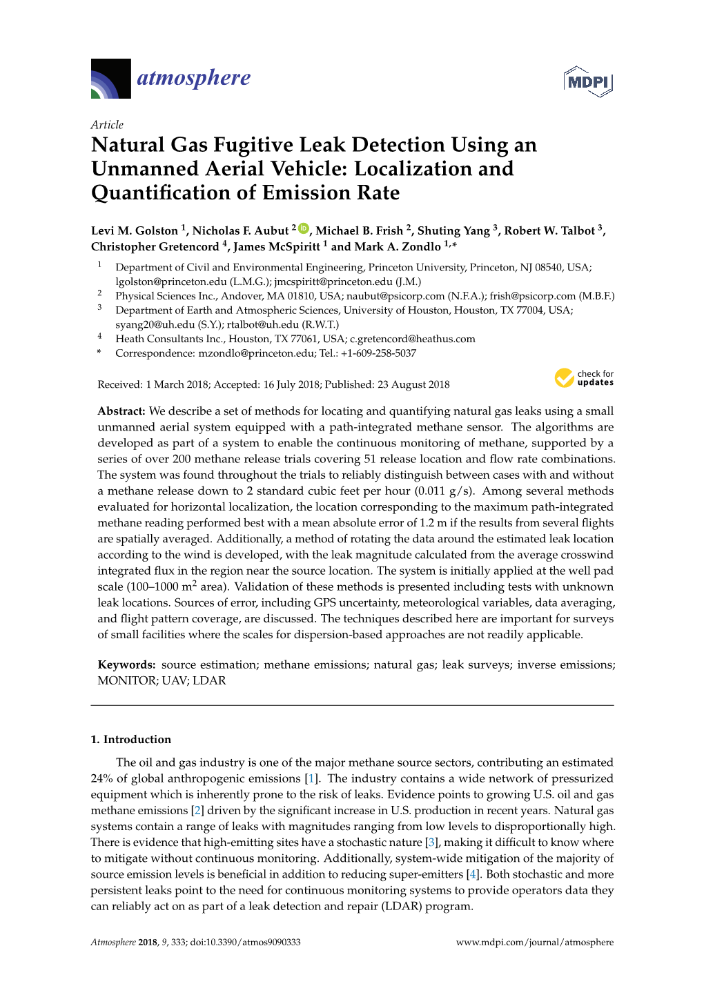 Natural Gas Fugitive Leak Detection Using an Unmanned Aerial Vehicle: Localization and Quantiﬁcation of Emission Rate