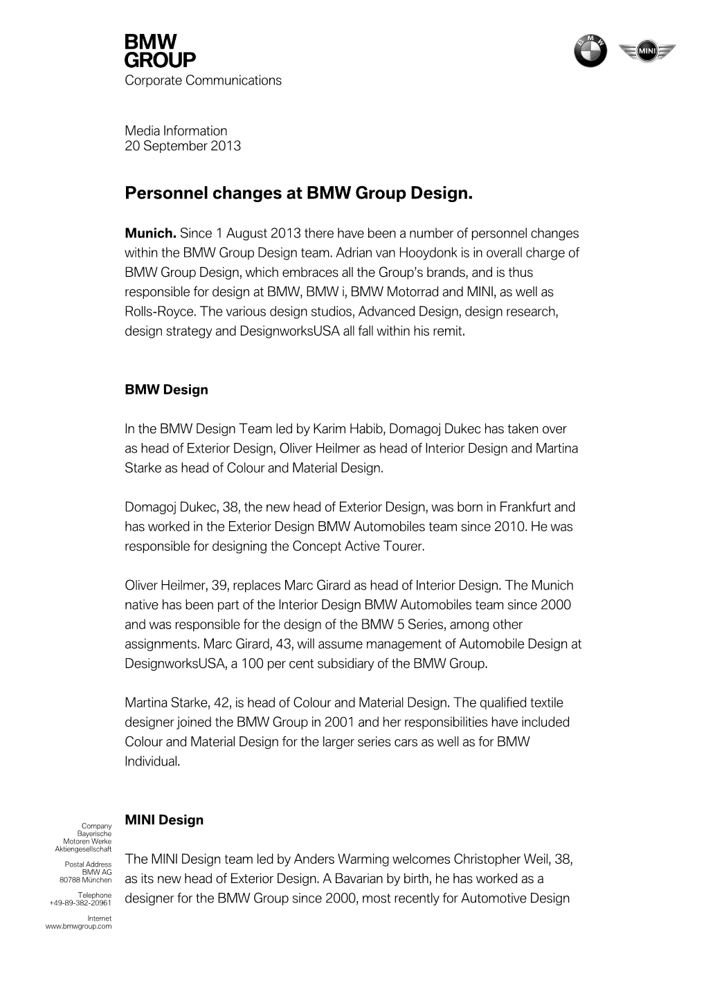 Personnel Changes at BMW Group Design