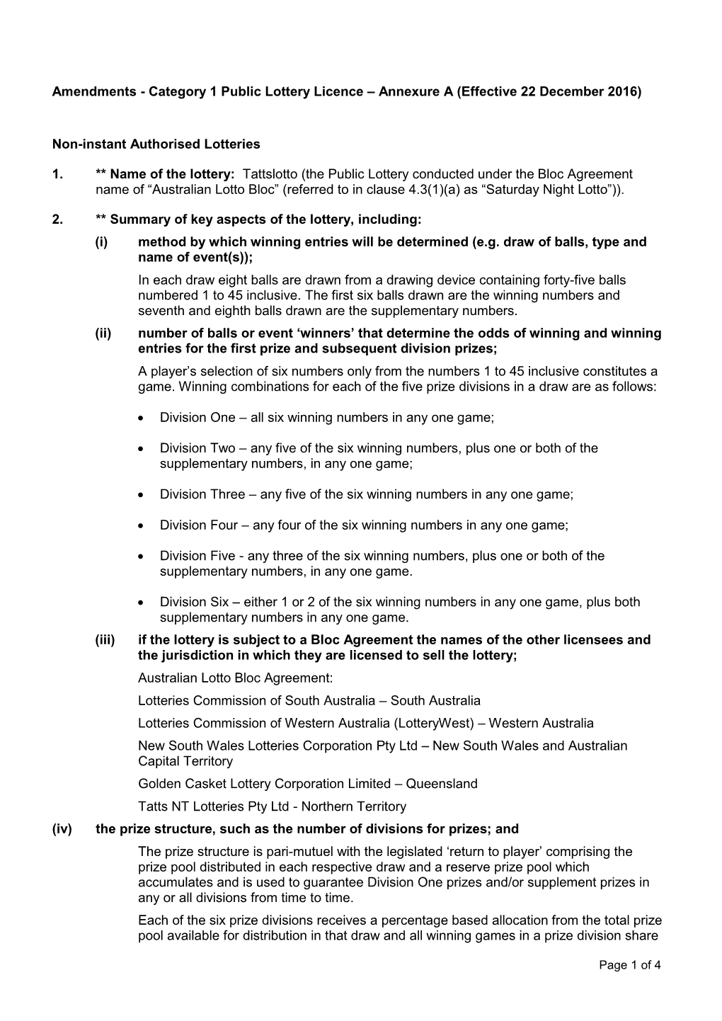 Category 1 Public Lottery Licence – Annexure a (Effective 22 December 2016)