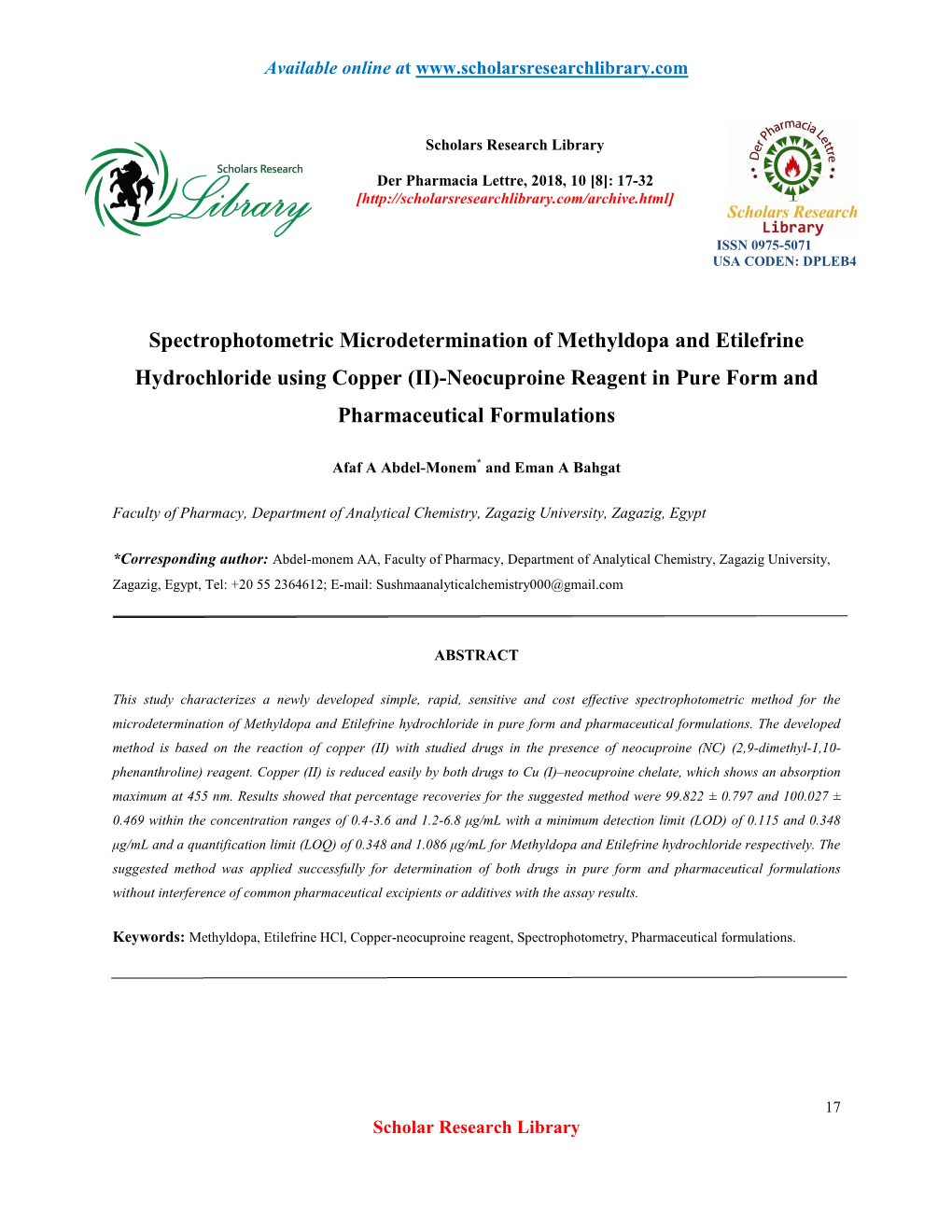 (II)-Neocuproine Reagent in Pure Form and Pharmaceutical Formulations