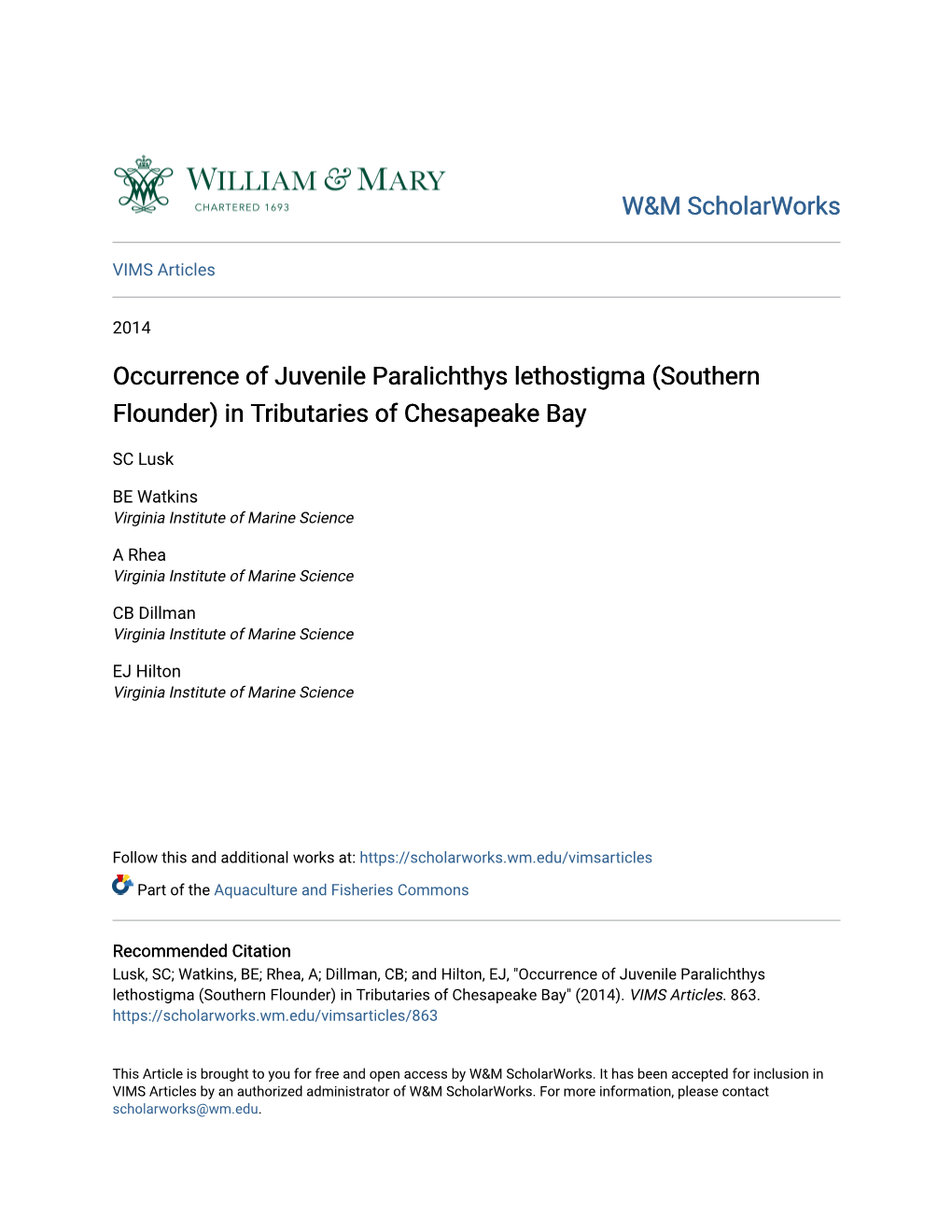 Occurrence of Juvenile Paralichthys Lethostigma (Southern Flounder) in Tributaries of Chesapeake Bay