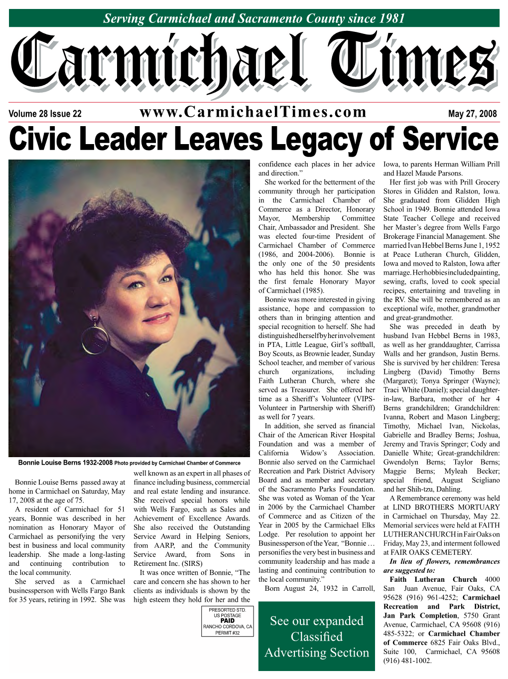 Civic Leader Leaves Legacy of Service Confidence Each Places in Her Advice Iowa, to Parents Herman William Prill and Direction.” and Hazel Maude Parsons