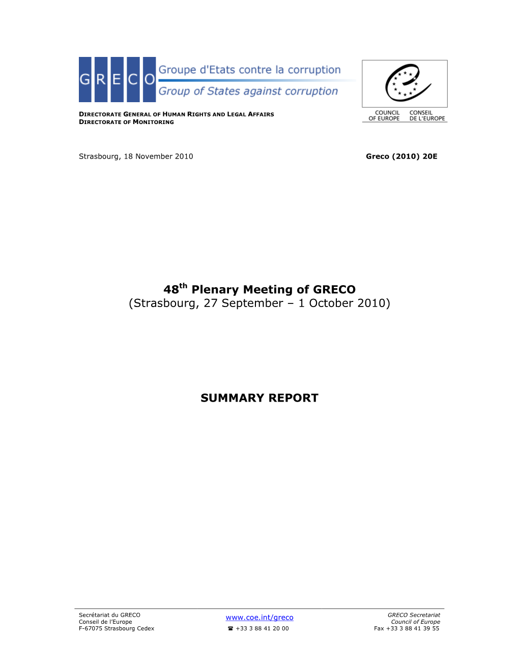 Greco (2010) 20E � � � � � � � � � � � 48Th Plenary Meeting of GRECO (Strasbourg,�27�September�–�1�October�2010)