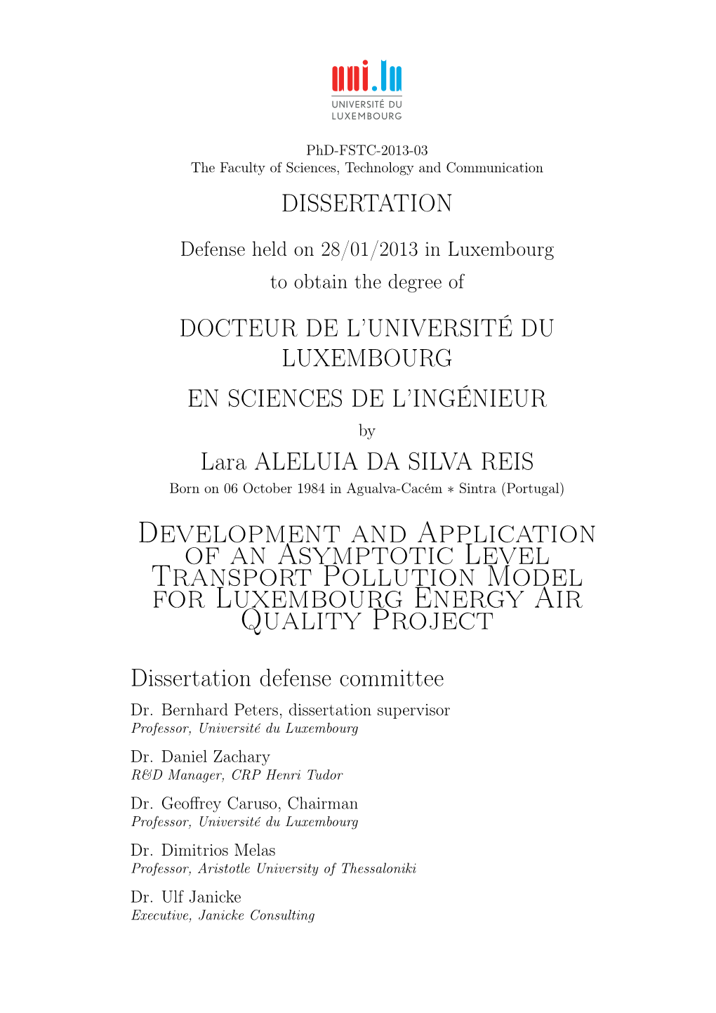 Development and Application of an Asymptotic Level Transport Pollution Model for Luxembourg Energy Air Quality Project