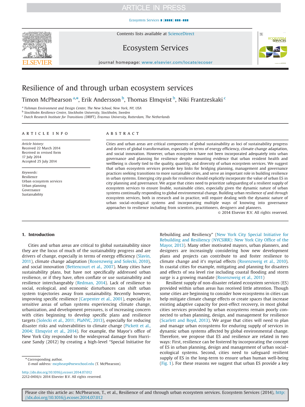 Resilience of and Through Urban Ecosystem Services