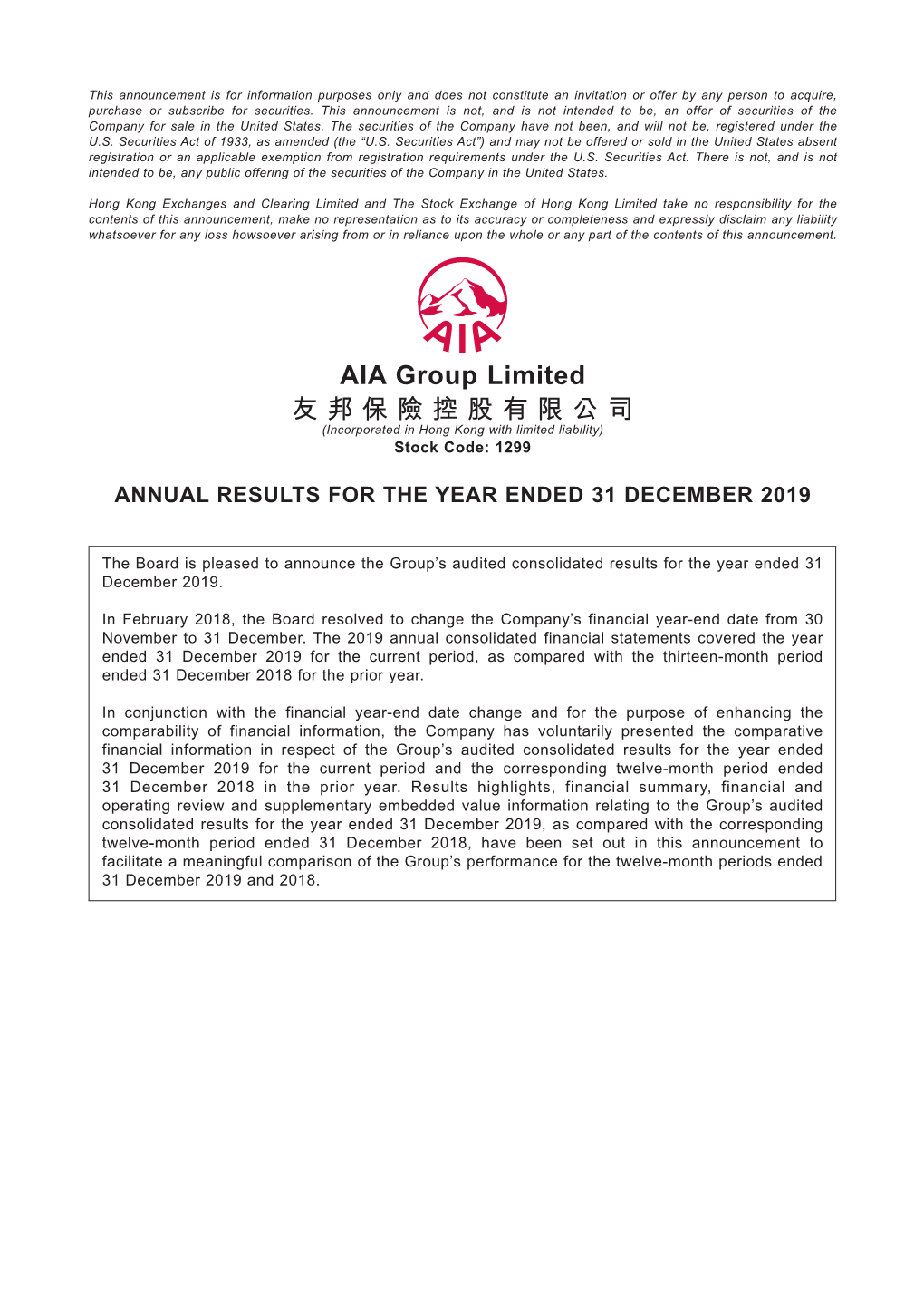 Annual Results for the Year Ended 31 December 2019