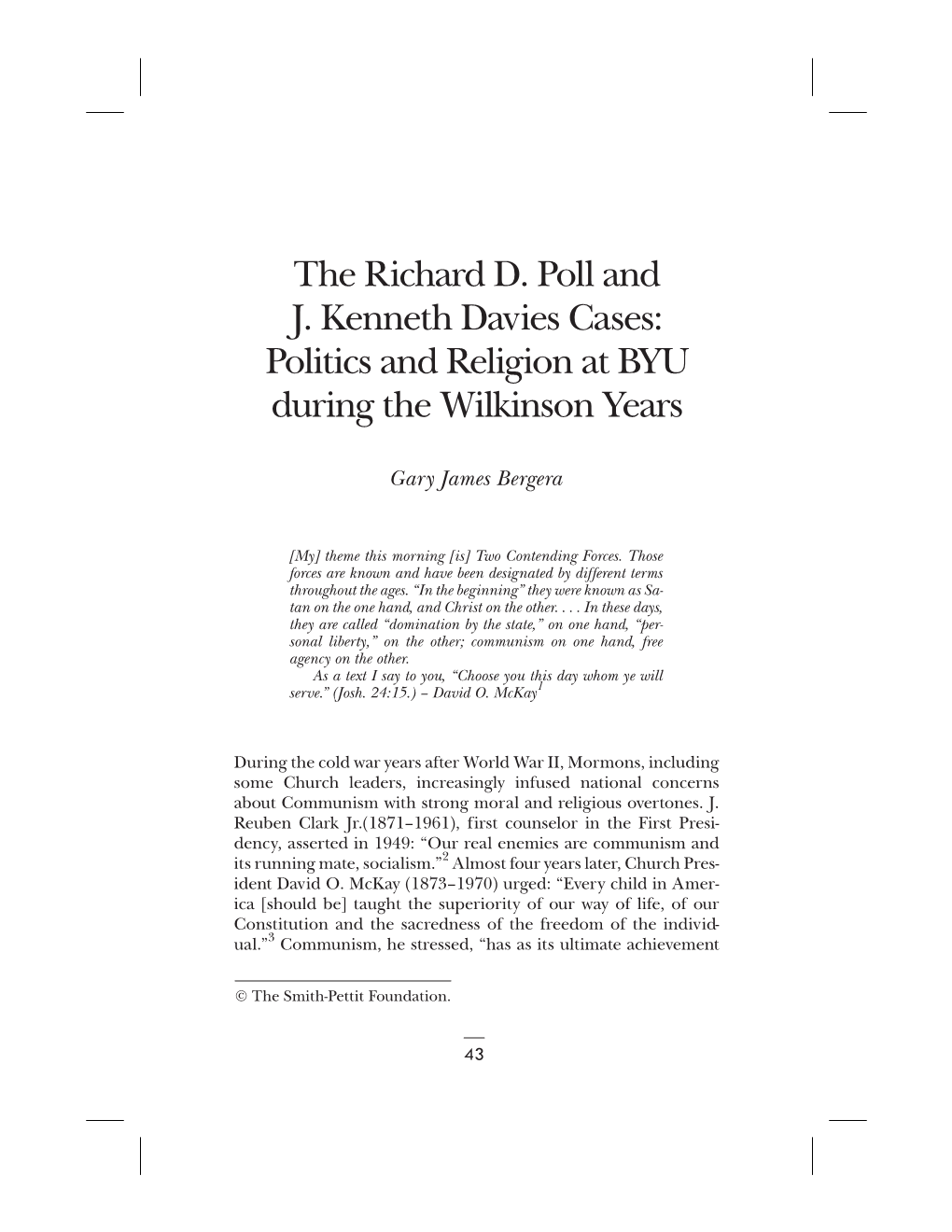 The Richard D. Poll and J. Kenneth Davies Cases: Politics and Religion at BYU During the Wilkinson Years