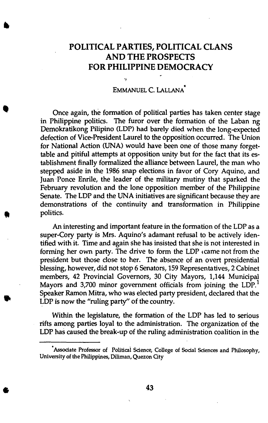 Political Parties, Political Clans and Theprospects for Philippine Democracy