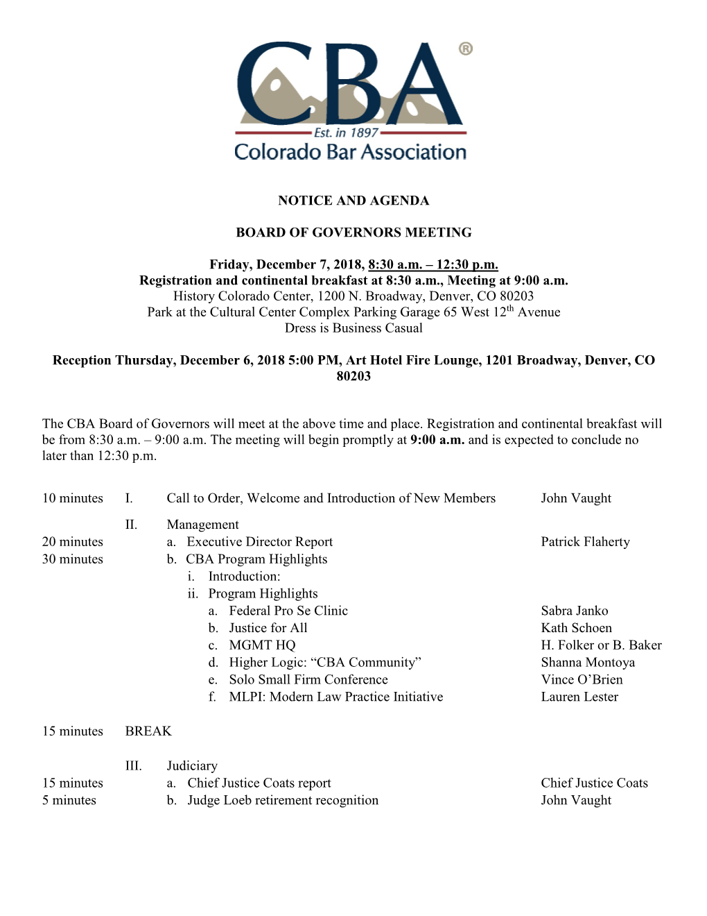 NOTICE and AGENDA BOARD of GOVERNORS MEETING Friday