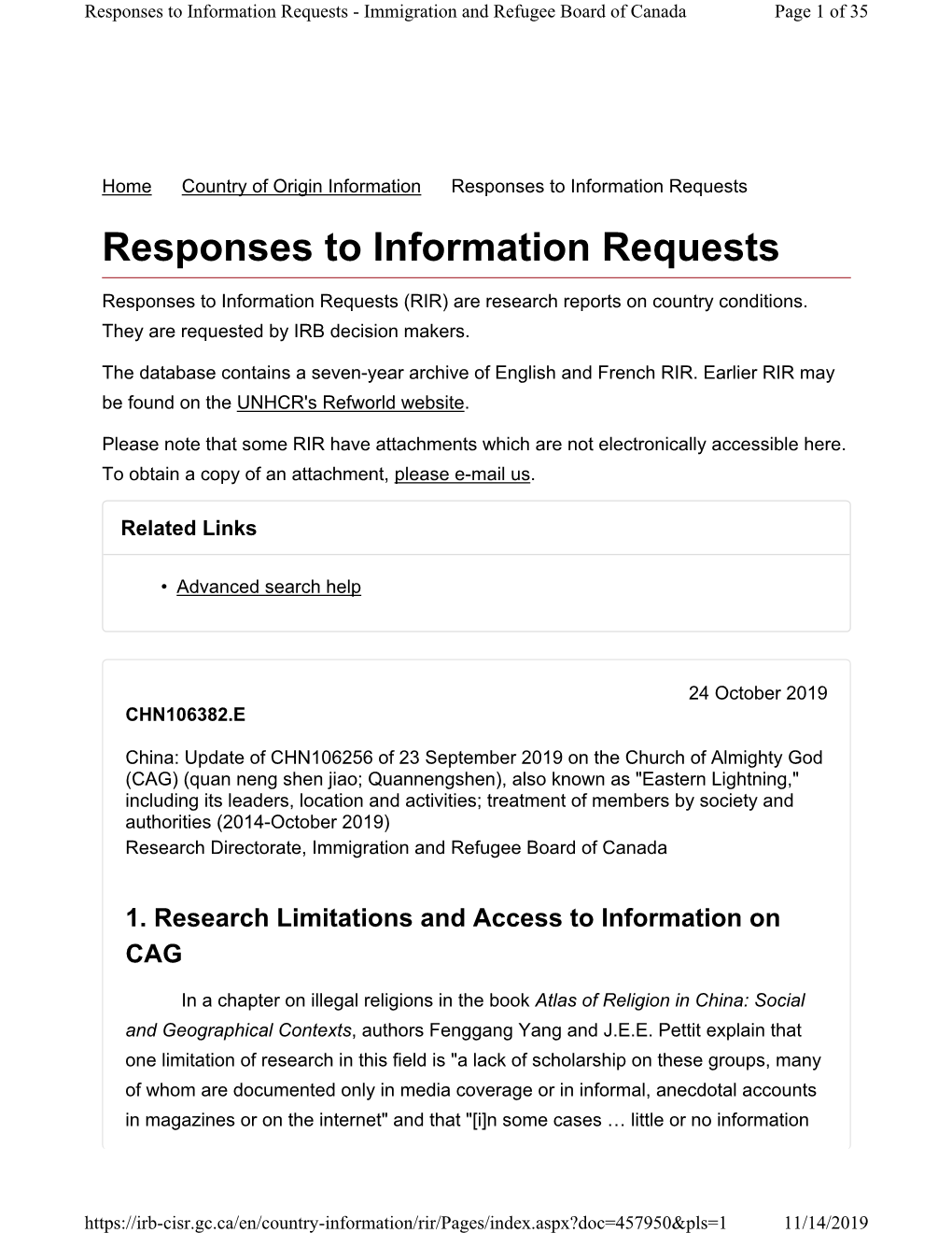 Responses to Information Requests - Immigration and Refugee Board of Canada Page 1 of 35