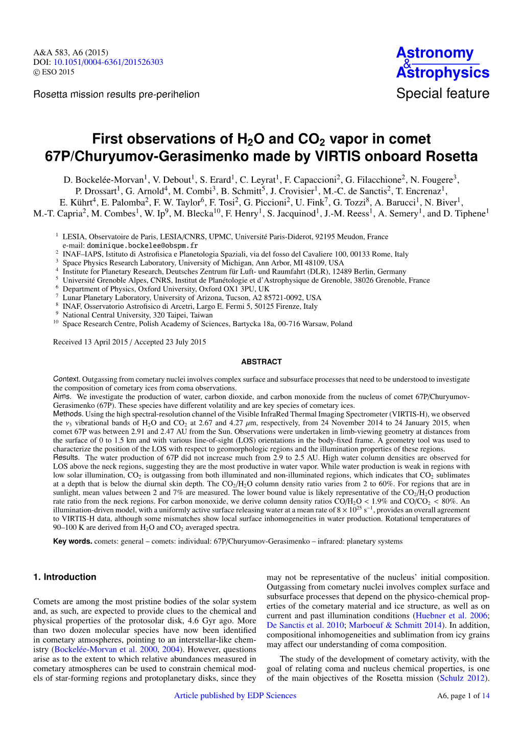 First Observations of H2O and CO2 Vapor in Comet 67P/Churyumov-Gerasimenko Made by VIRTIS Onboard Rosetta