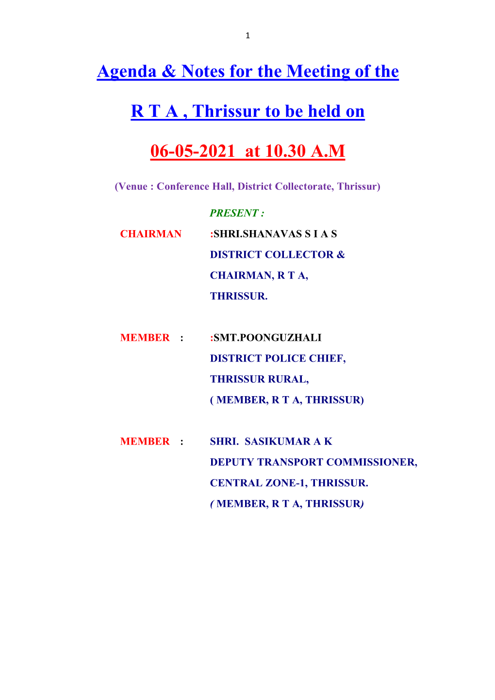 Agenda & Notes for the Meeting of the R T a , Thrissur to Be Held on 06-05