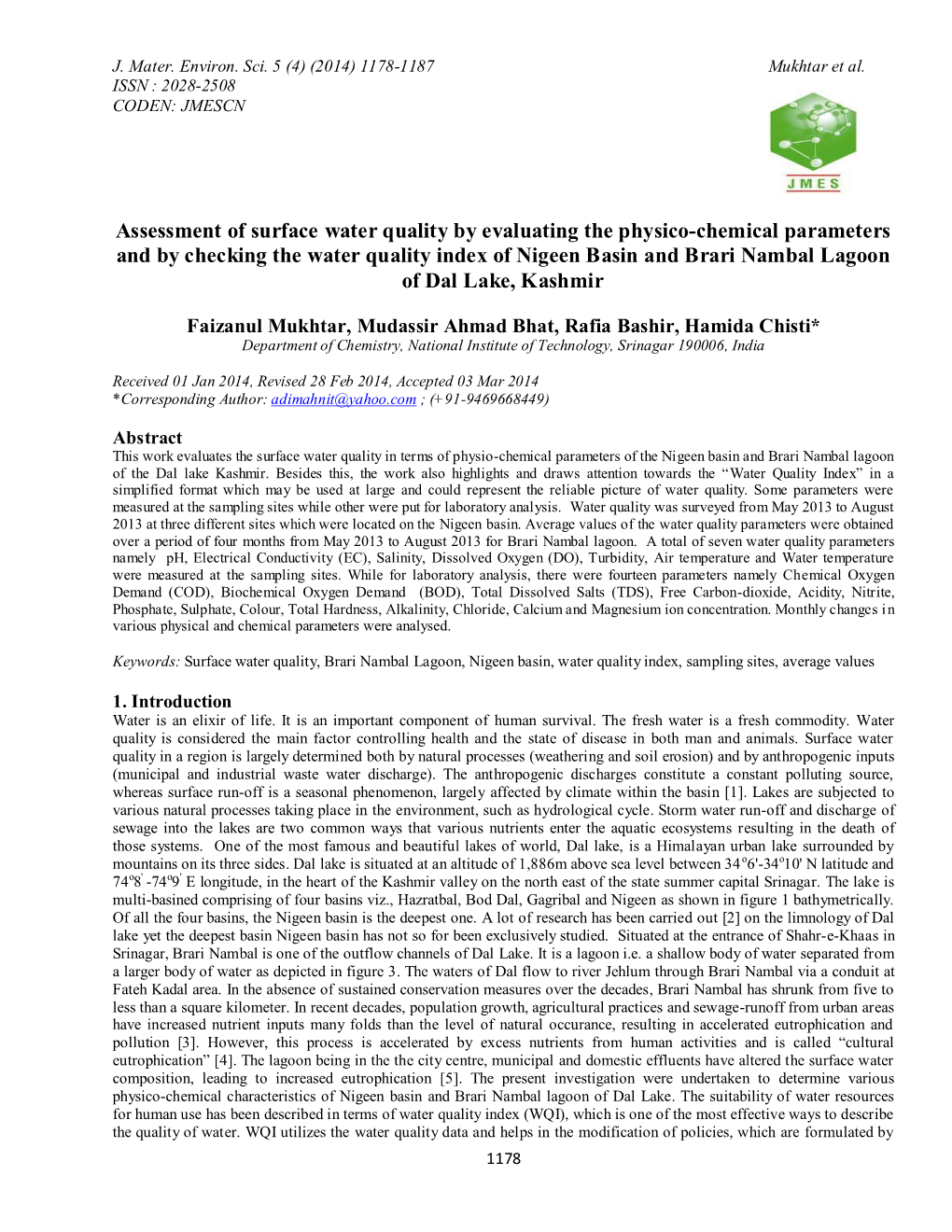 Assessment of Surface Water Quality by Evaluating the Physico-Chemical