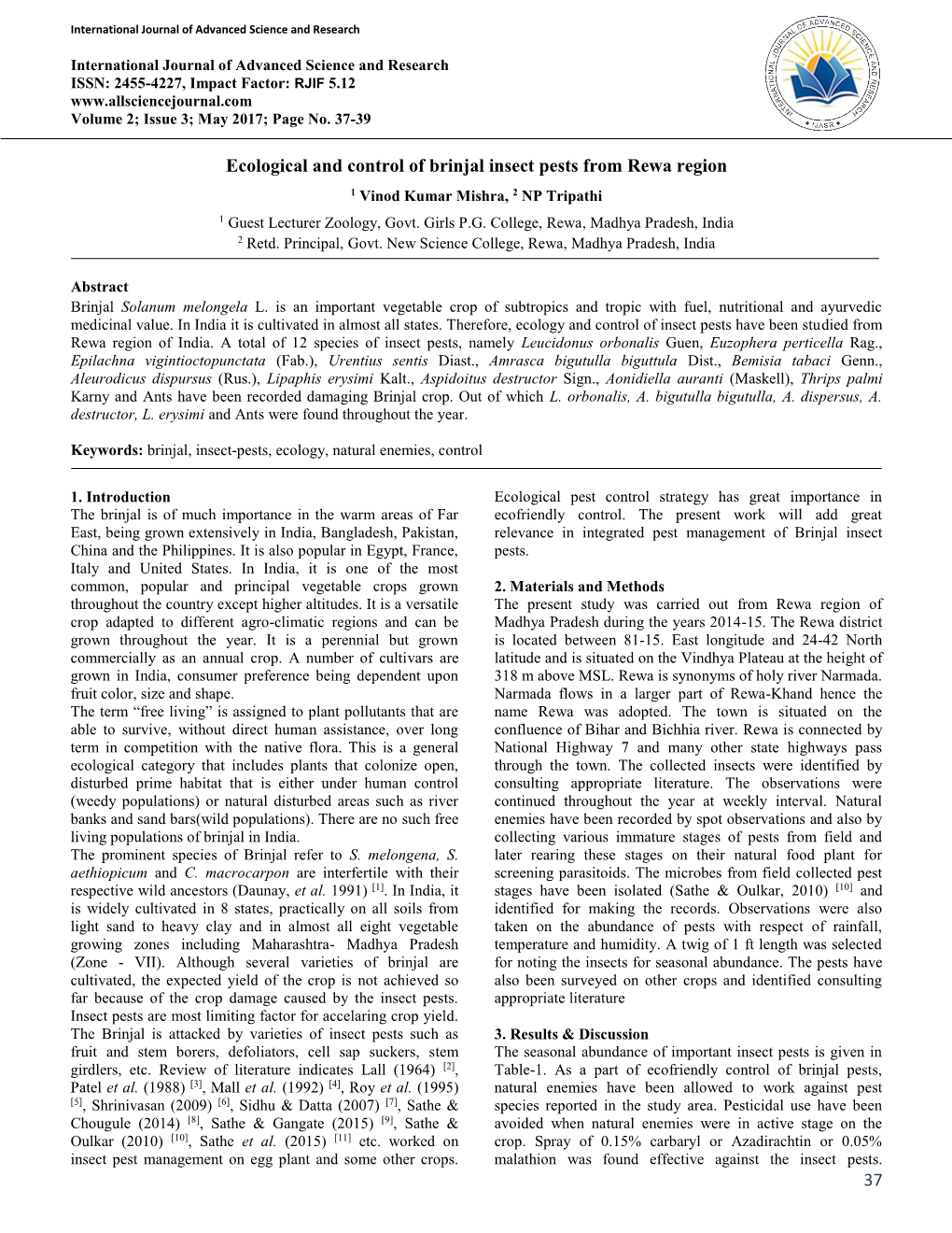 37 Ecological and Control of Brinjal Insect Pests from Rewa Region