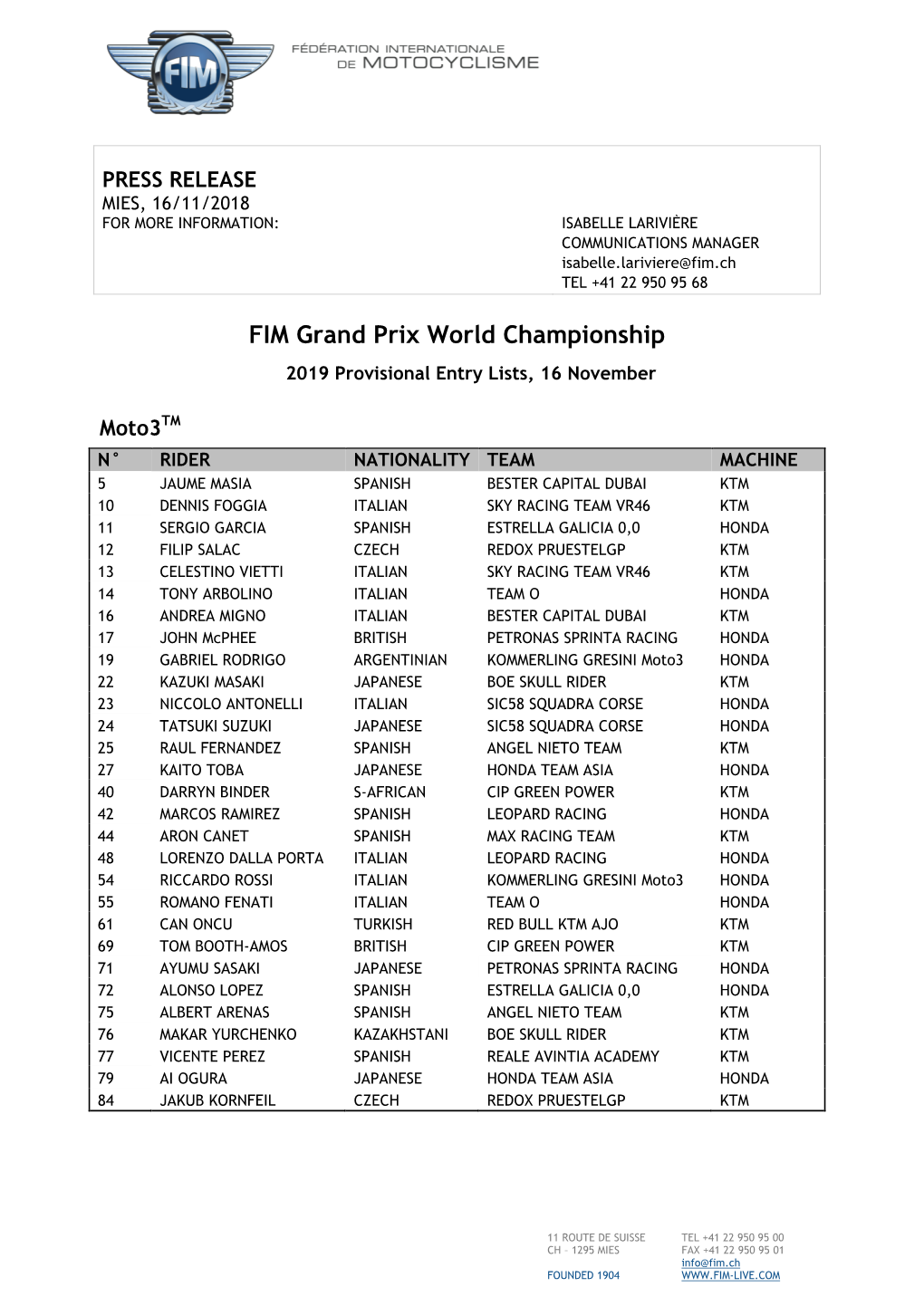 FIM Grand Prix World Championship 2019 Provisional Entry Lists, 16 November