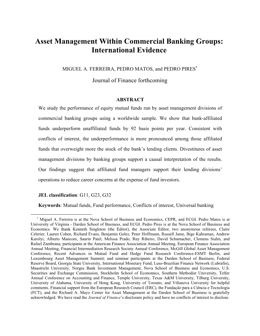 Asset Management Within Commercial Banking Groups: International Evidence