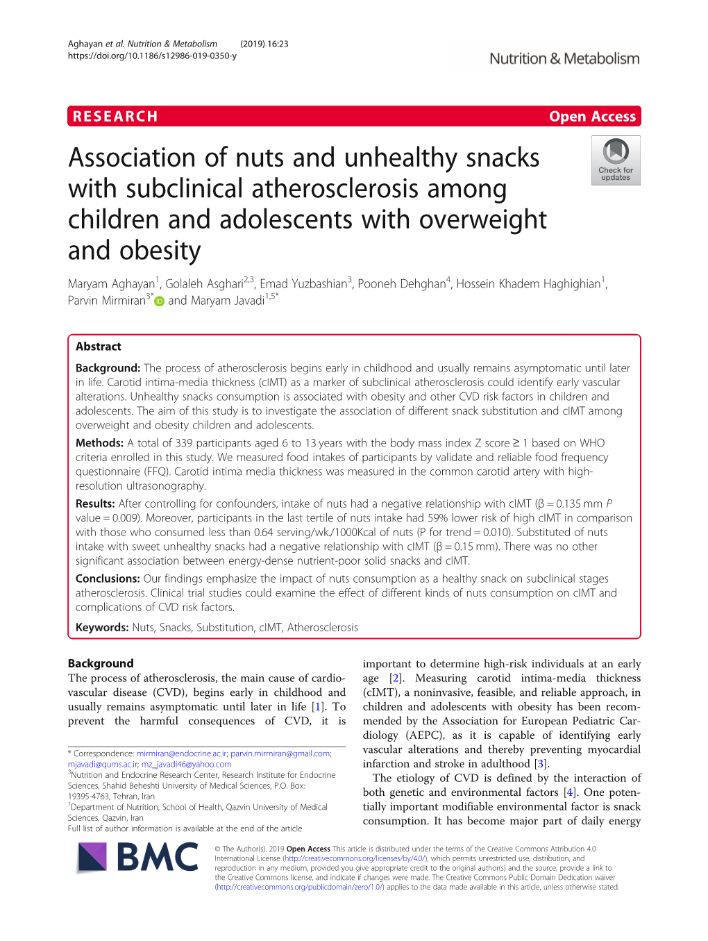 Association of Nuts and Unhealthy Snacks with Subclinical Atherosclerosis Among Children and Adolescents with Overweight And