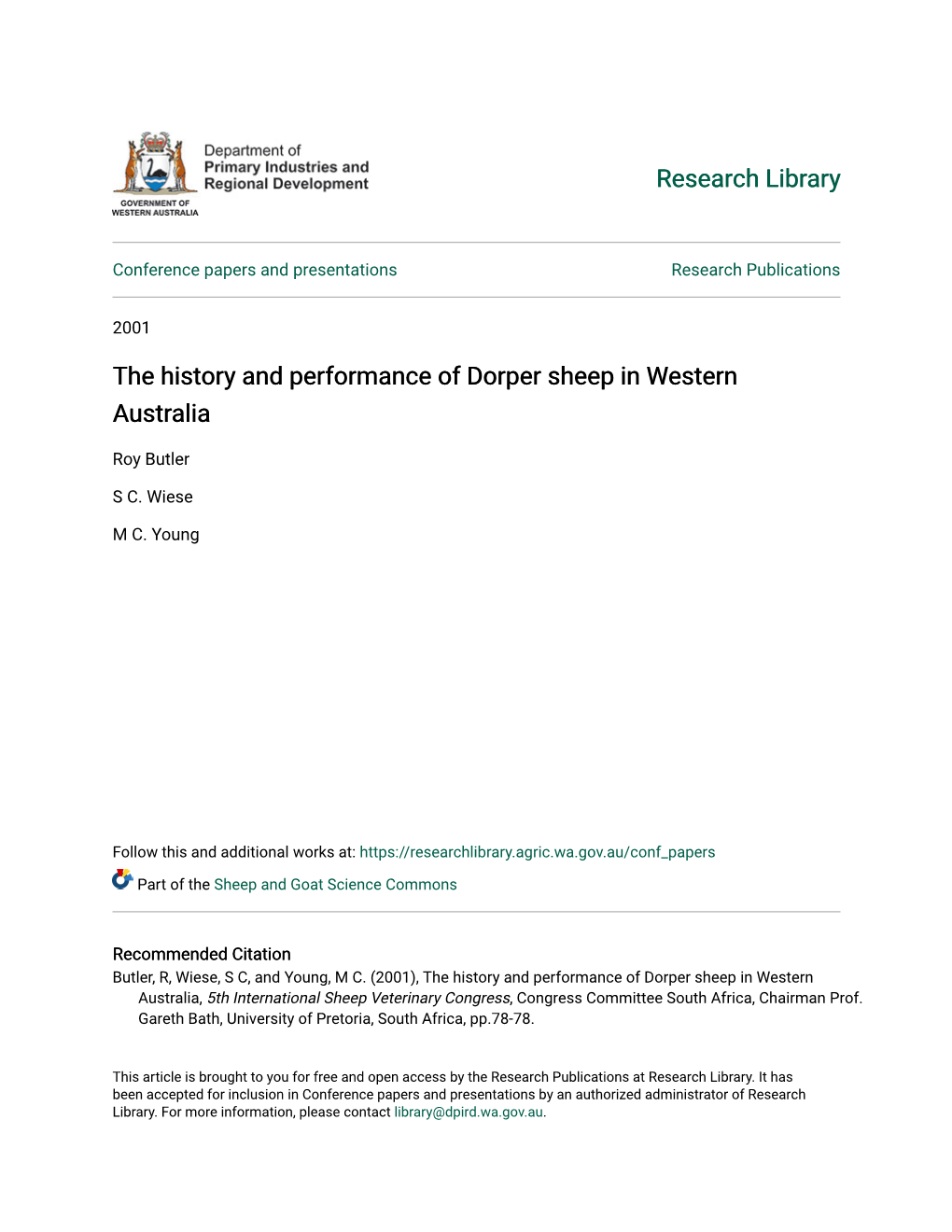 The History and Performance of Dorper Sheep in Western Australia