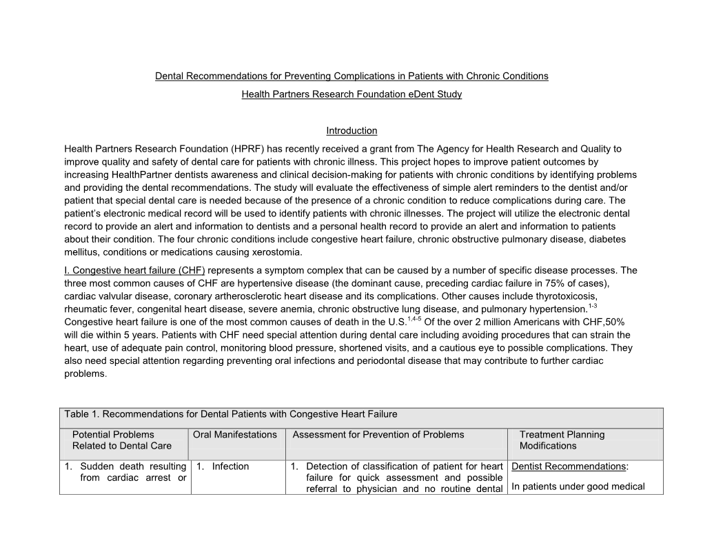 Dental Recommendations for Preventing Complications in Patients with Chronic Conditions Health Partners Research Foundation Edent Study