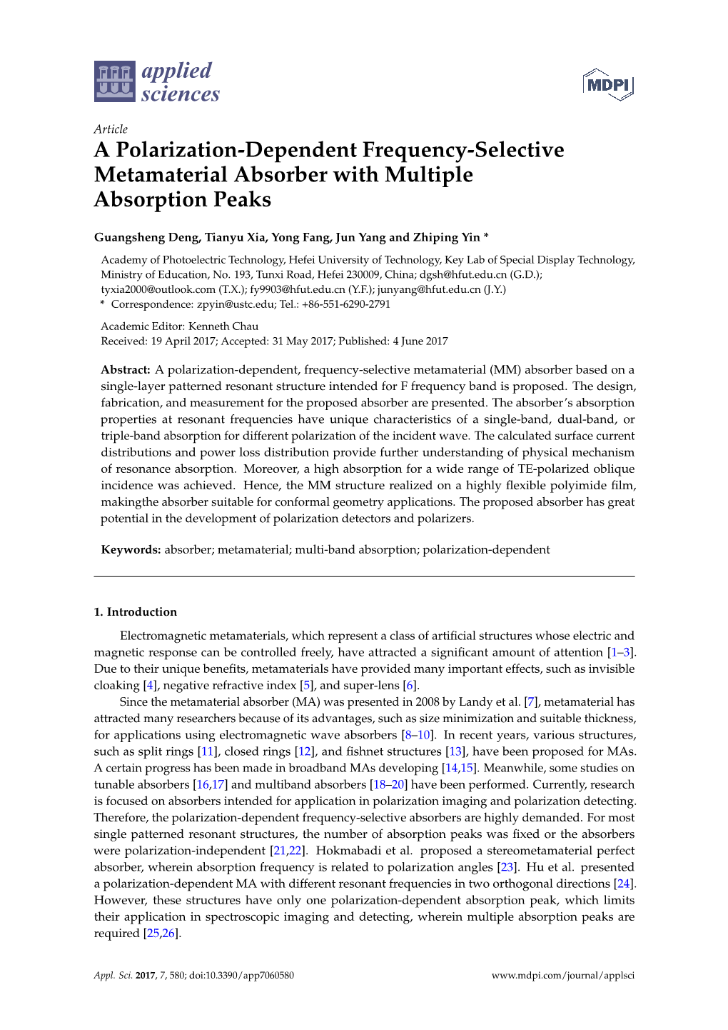 A Polarization-Dependent Frequency-Selective Metamaterial Absorber with Multiple Absorption Peaks