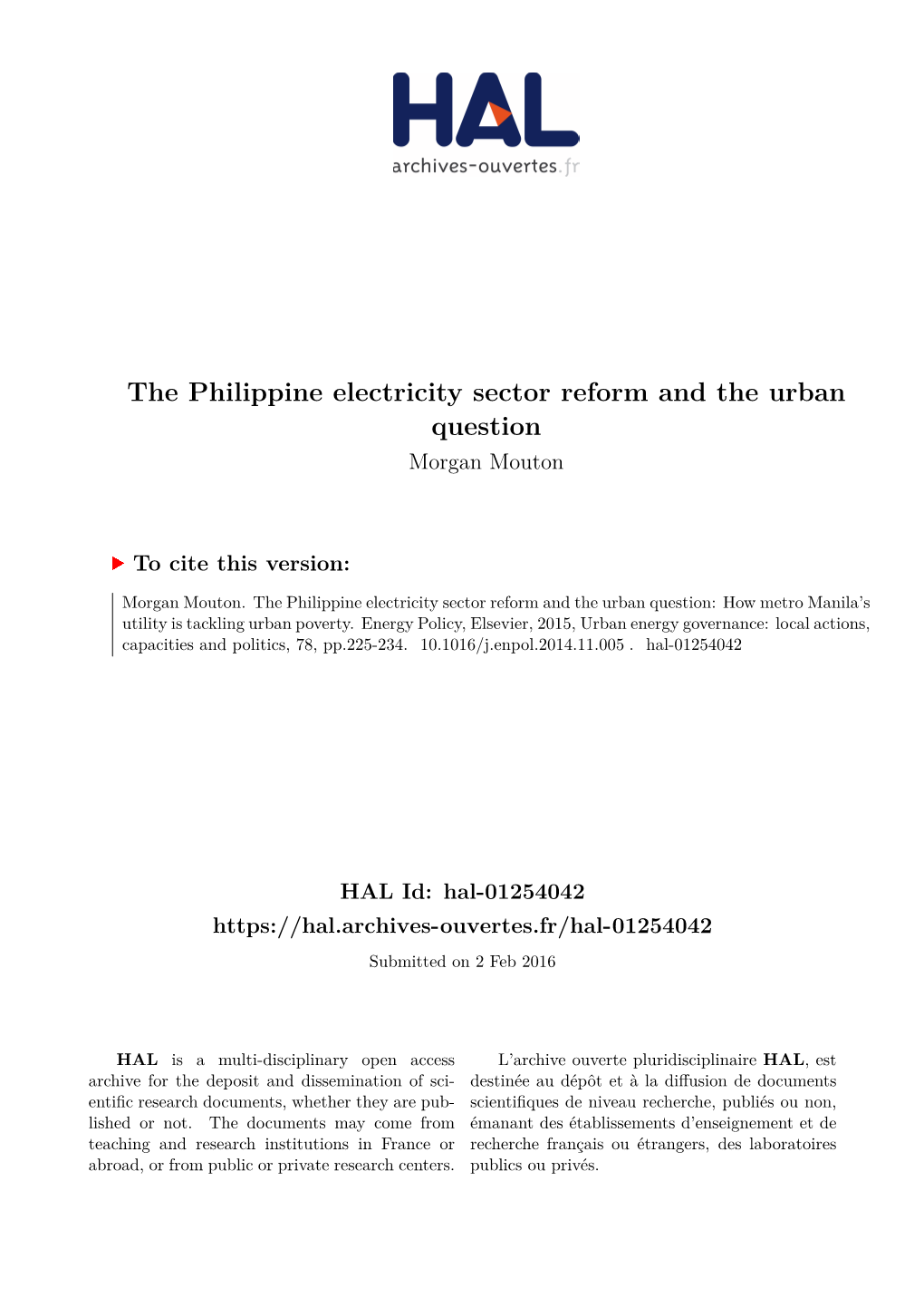 The Philippine Electricity Sector Reform and the Urban Question Morgan Mouton