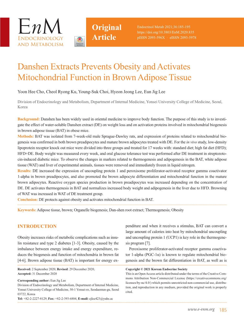 Danshen Extracts Prevents Obesity and Activates Mitochondrial Function in Brown Adipose Tissue