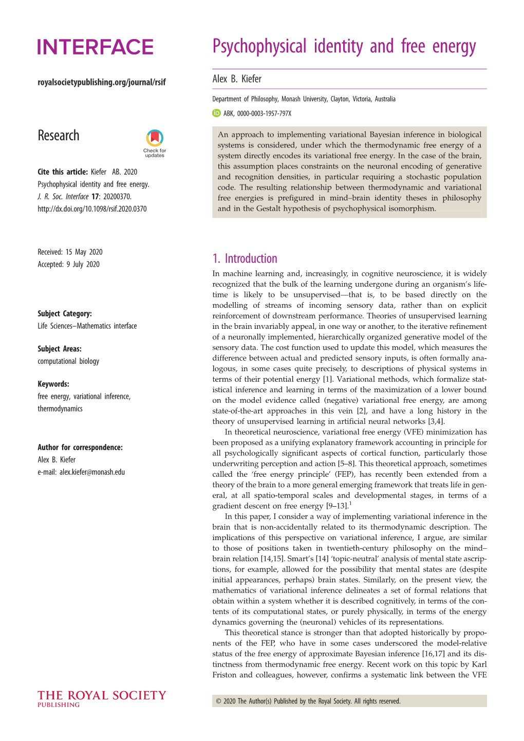 Psychophysical Identity and Free Energy Royalsocietypublishing.Org/Journal/Rsif Alex B