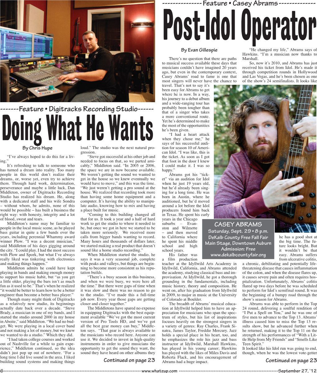 Feature • Casey Abrams------Post-Idol Operator by Evan Gillespie “He Changed My Life,” Abrams Says of Hawkins