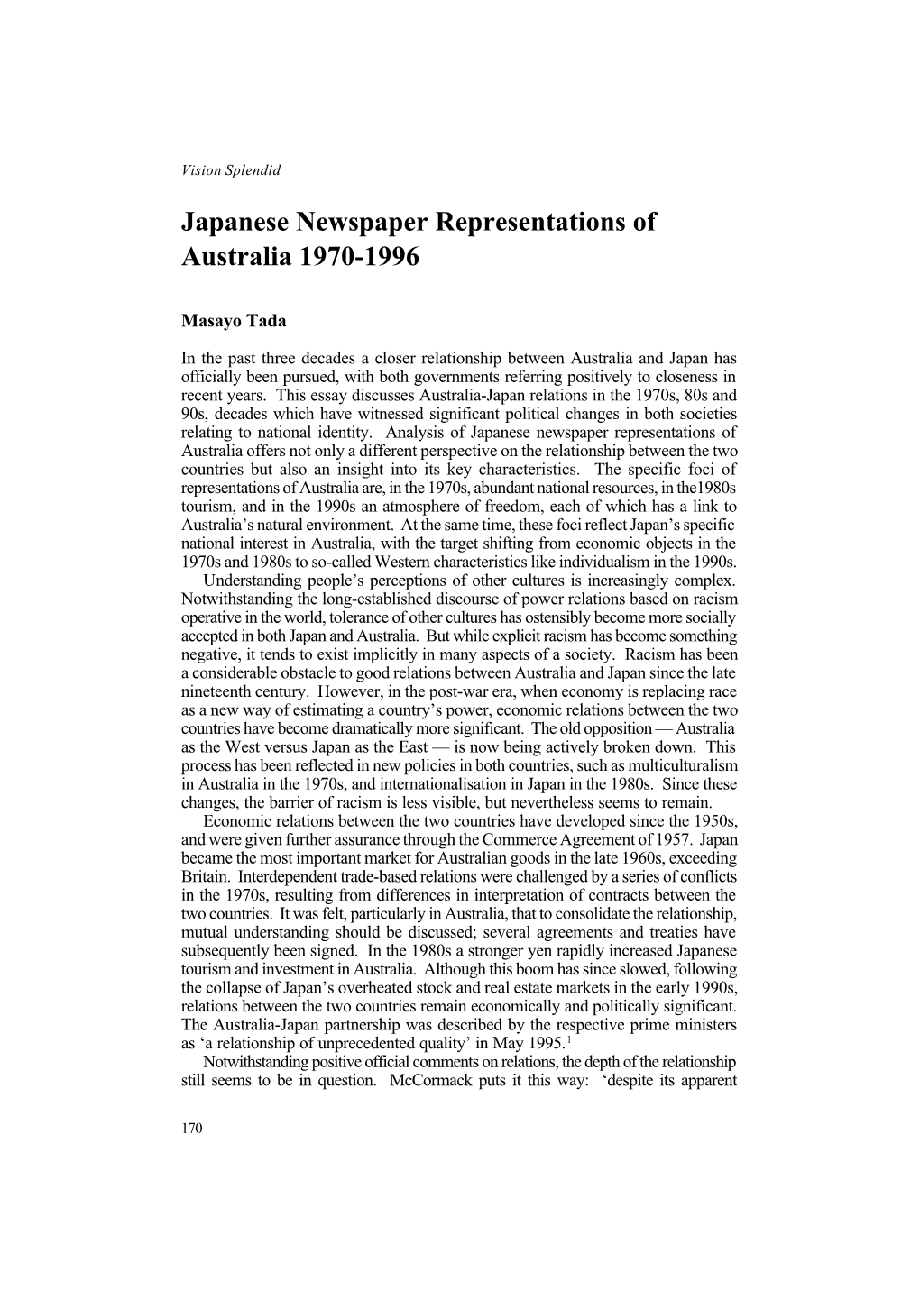 Japanese Newspaper Representations of Australia 1970-1996