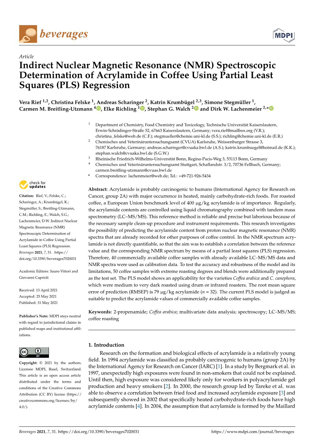 (NMR) Spectroscopic Determination of Acrylamide in Coffee Using Partial Least Squares (PLS) Regression