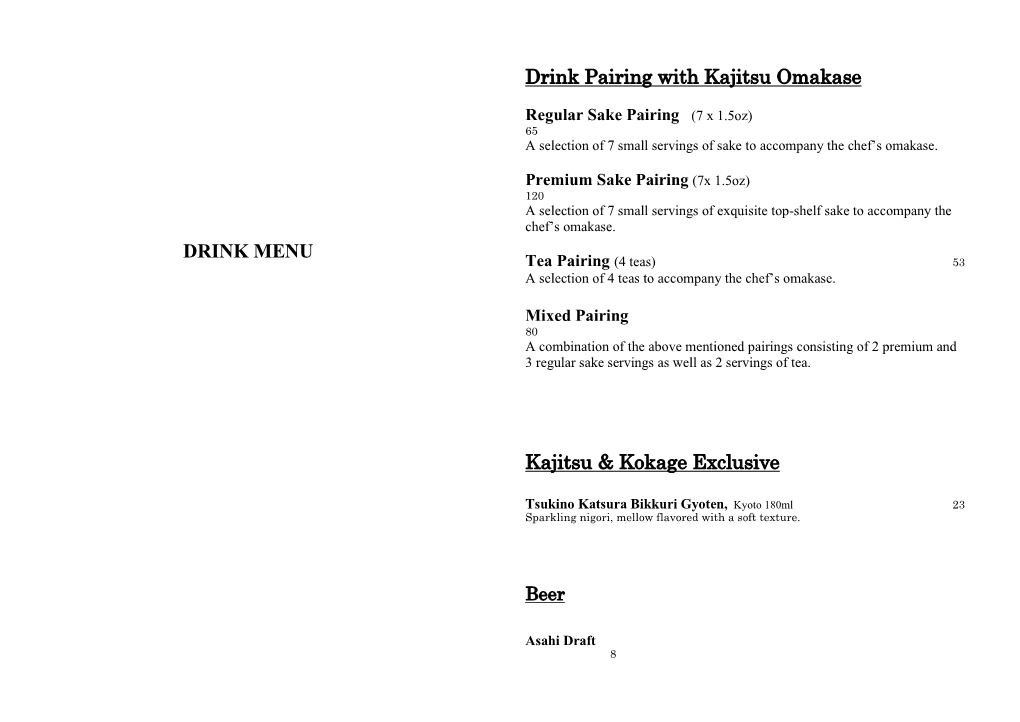 DRINK MENU Drink Pairing with Kajitsu Omakase Kajitsu & Kokage