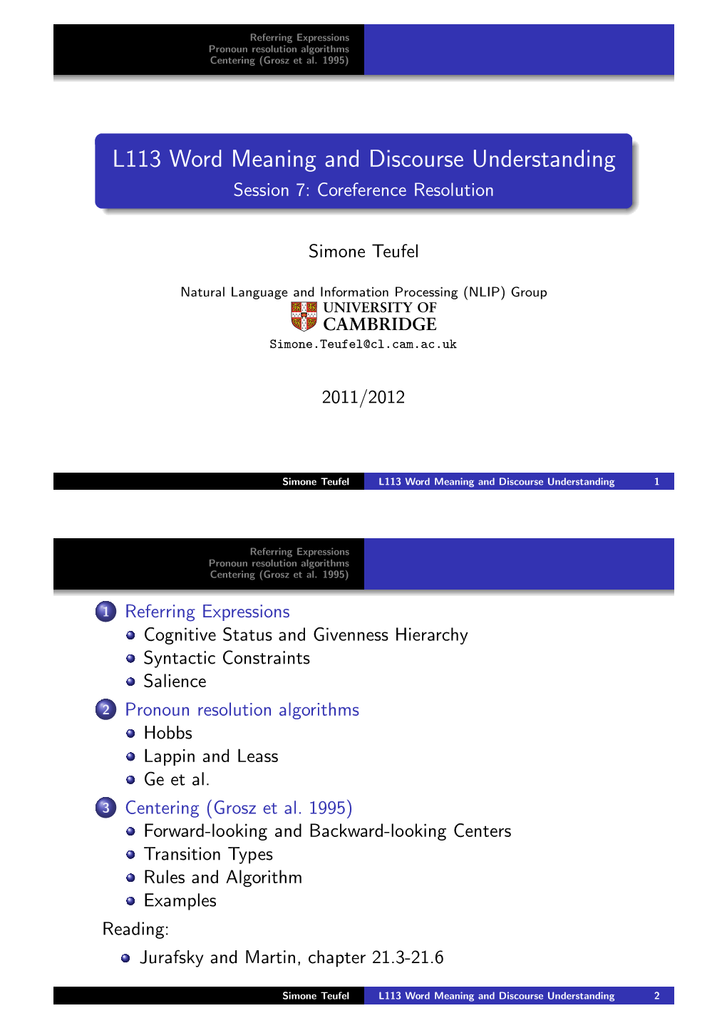 L113 Word Meaning and Discourse Understanding Session 7: Coreference Resolution