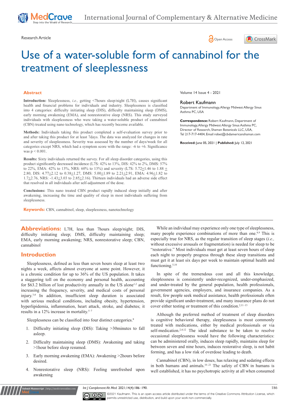 Use of a Water-Soluble Form of Cannabinol for the Treatment of Sleeplessness