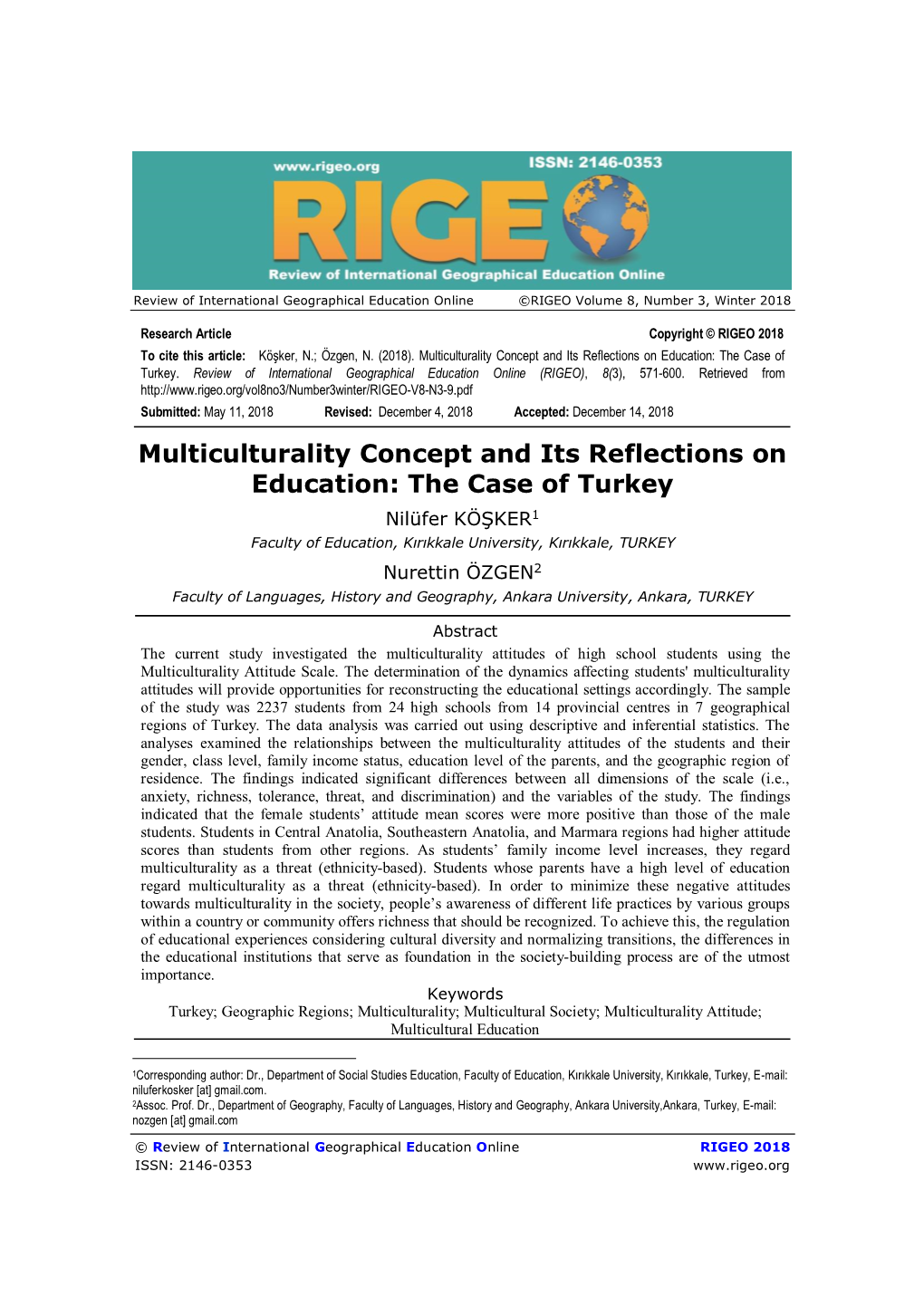 Multiculturality Concept and Its Reflections on Education: the Case of Turkey