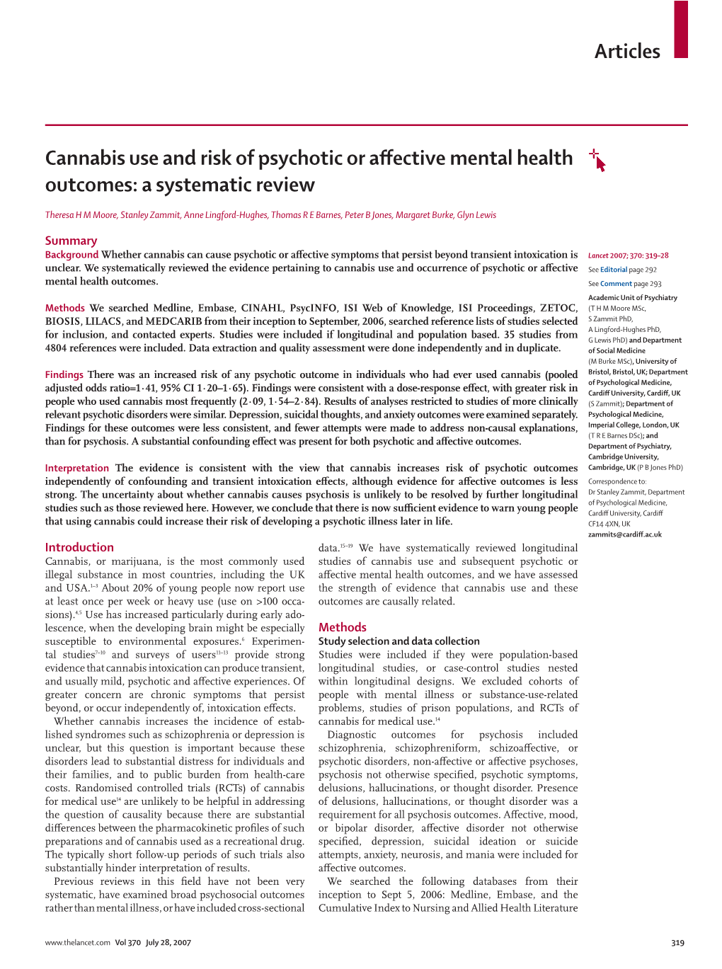 Cannabis Use and Risk of Psychotic Or Affective Mental Health Outcomes
