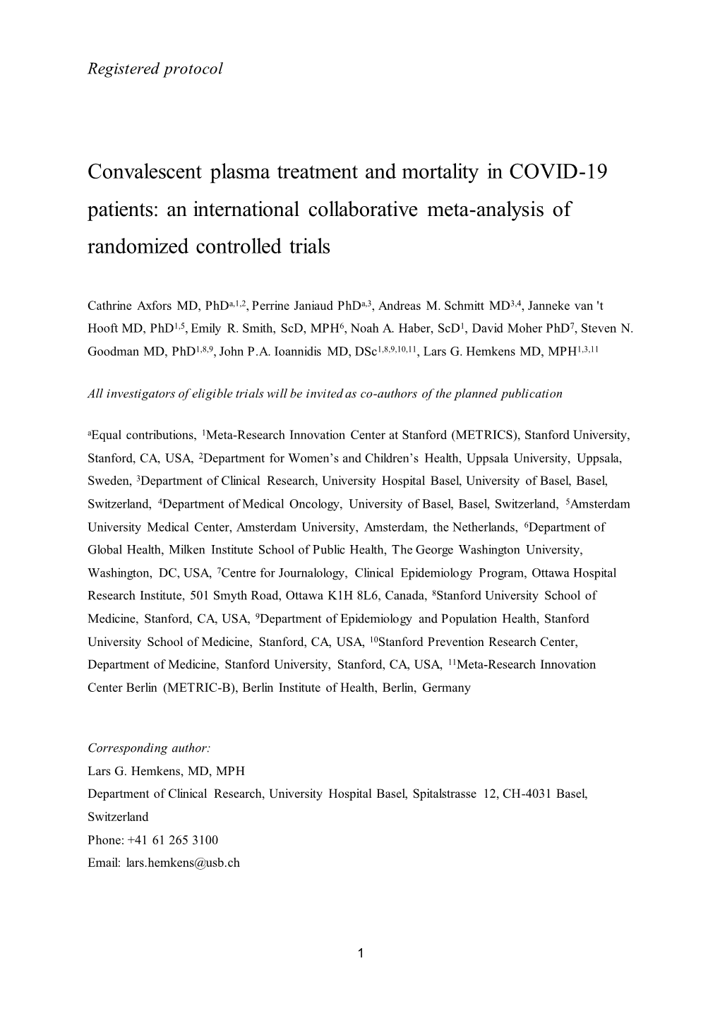 Convalescent Plasma Treatment and Mortality in COVID-19 Patients: an International Collaborative Meta-Analysis of Randomized Controlled Trials