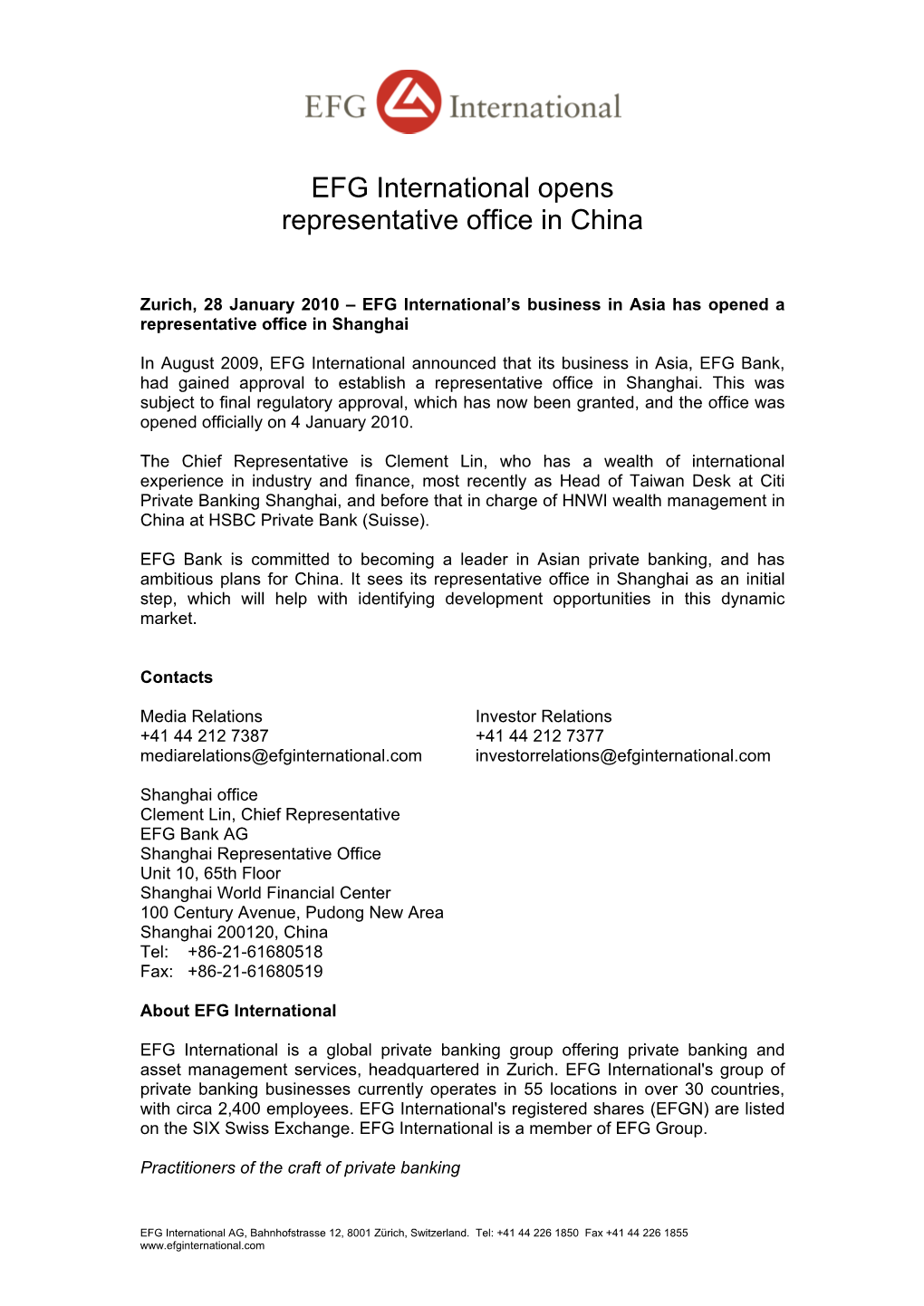EFG International Opens Representative Office in China