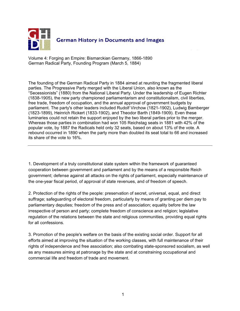 Volume 4: Forging an Empire: Bismarckian Germany, 1866-1890 German Radical Party, Founding Program (March 5, 1884) the Founding