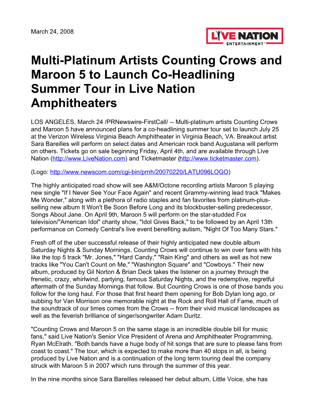 Multi-Platinum Artists Counting Crows and Maroon 5 to Launch Co-Headlining Summer Tour in Live Nation Amphitheaters