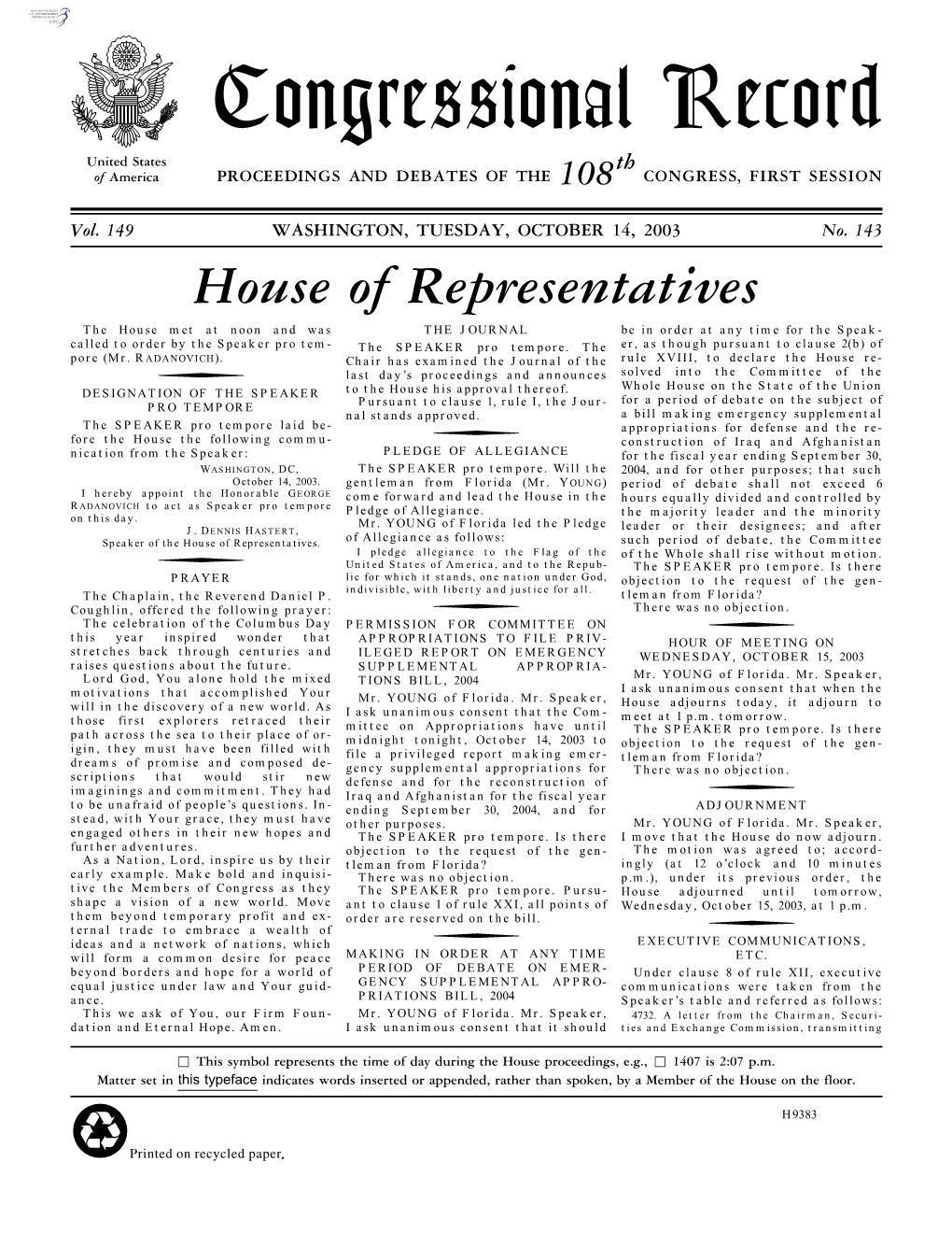 Congressional Record United States Th of America PROCEEDINGS and DEBATES of the 108 CONGRESS, FIRST SESSION