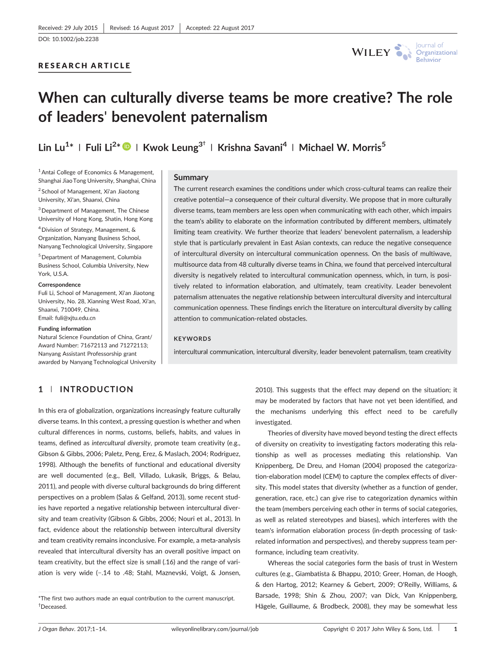 When Can Culturally Diverse Teams Be More Creative? the Role of Leaders' Benevolent Paternalism