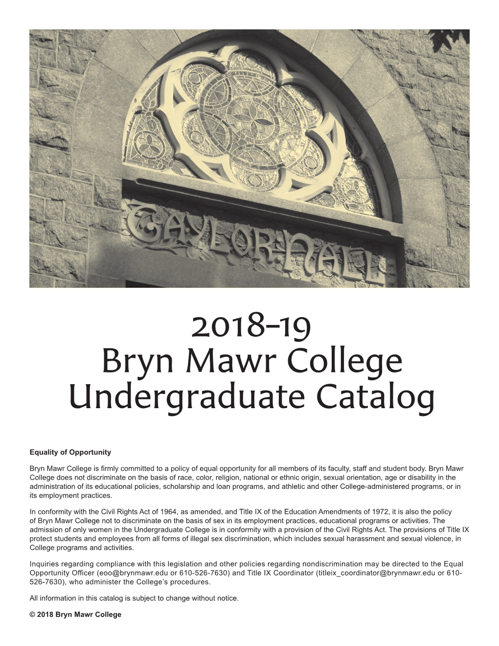 2018-19 Bryn Mawr College Undergraduate Catalog