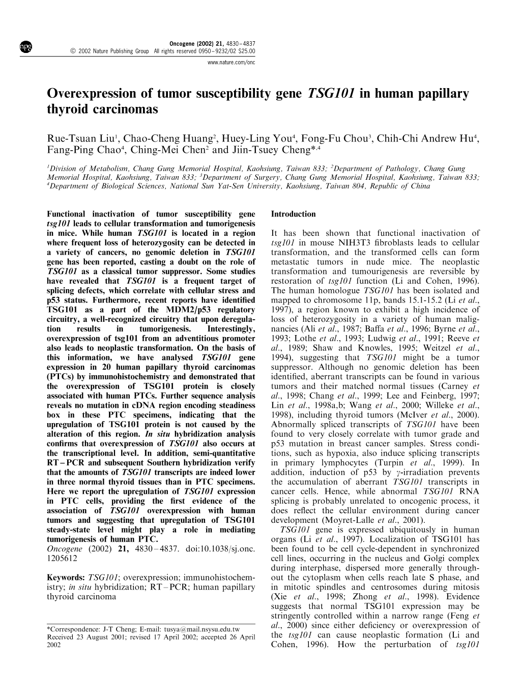 Overexpression of Tumor Susceptibility Gene TSG101 in Human Papillary Thyroid Carcinomas