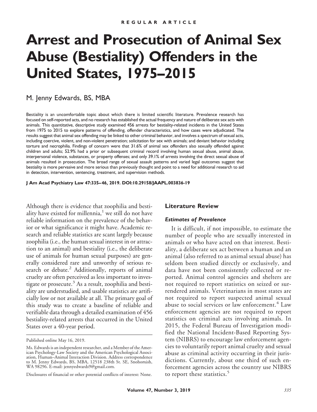 Arrest and Prosecution of Animal Sex Abuse (Bestiality) Offenders in the United States, 1975–2015