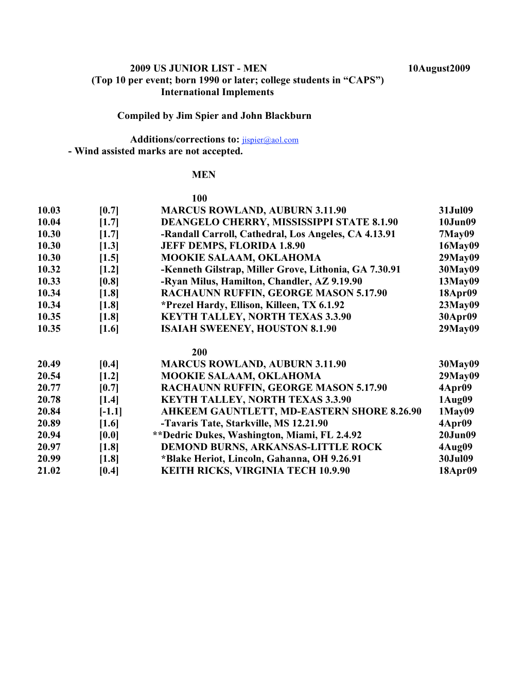 2009 US JUNIOR LIST - MEN 10August2009 (Top 10 Per Event; Born 1990 Or Later; College Students in “CAPS”) International Implements