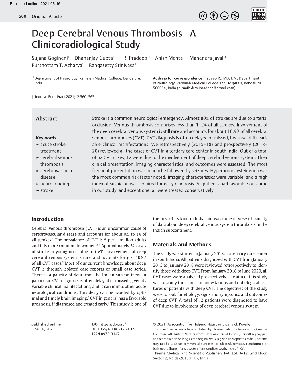 Deep Cerebral Venous Thrombosis—A Clinicoradiological Study