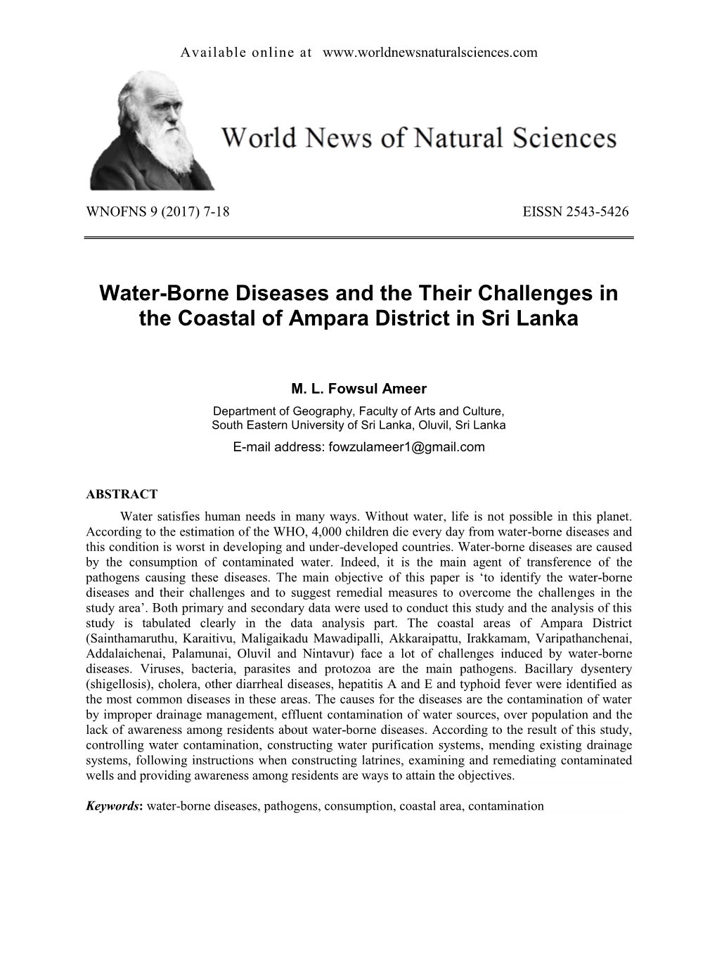 Water-Borne Diseases and the Their Challenges in the Coastal of Ampara District in Sri Lanka